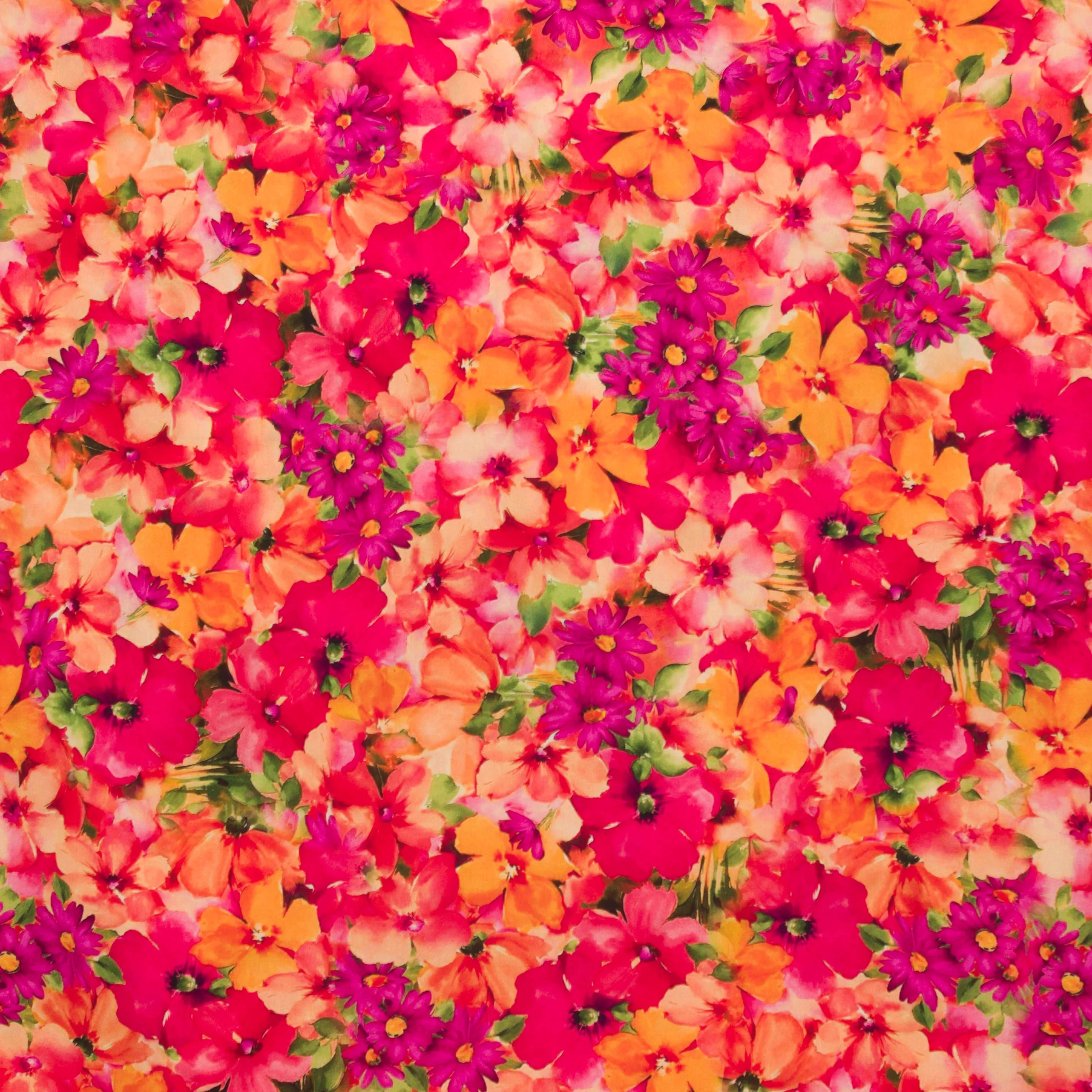 Viscose met roze, oranje en fushia bloemen